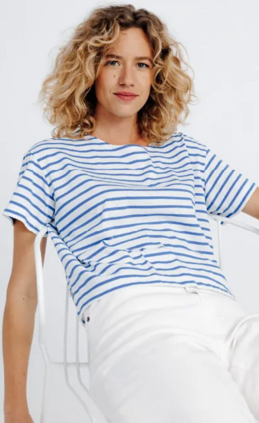 Tee-shirt crop top Camélia rayé indigo