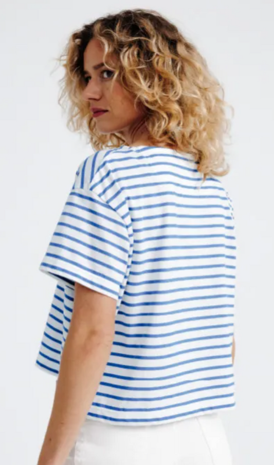 Tee-shirt crop top Camélia rayé indigo
